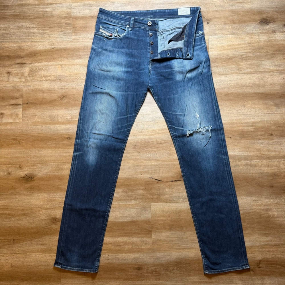 Diesel Buster Jeans Mens 34x34 Blue Slim Tapered Stretch Distressed Denim 0607A